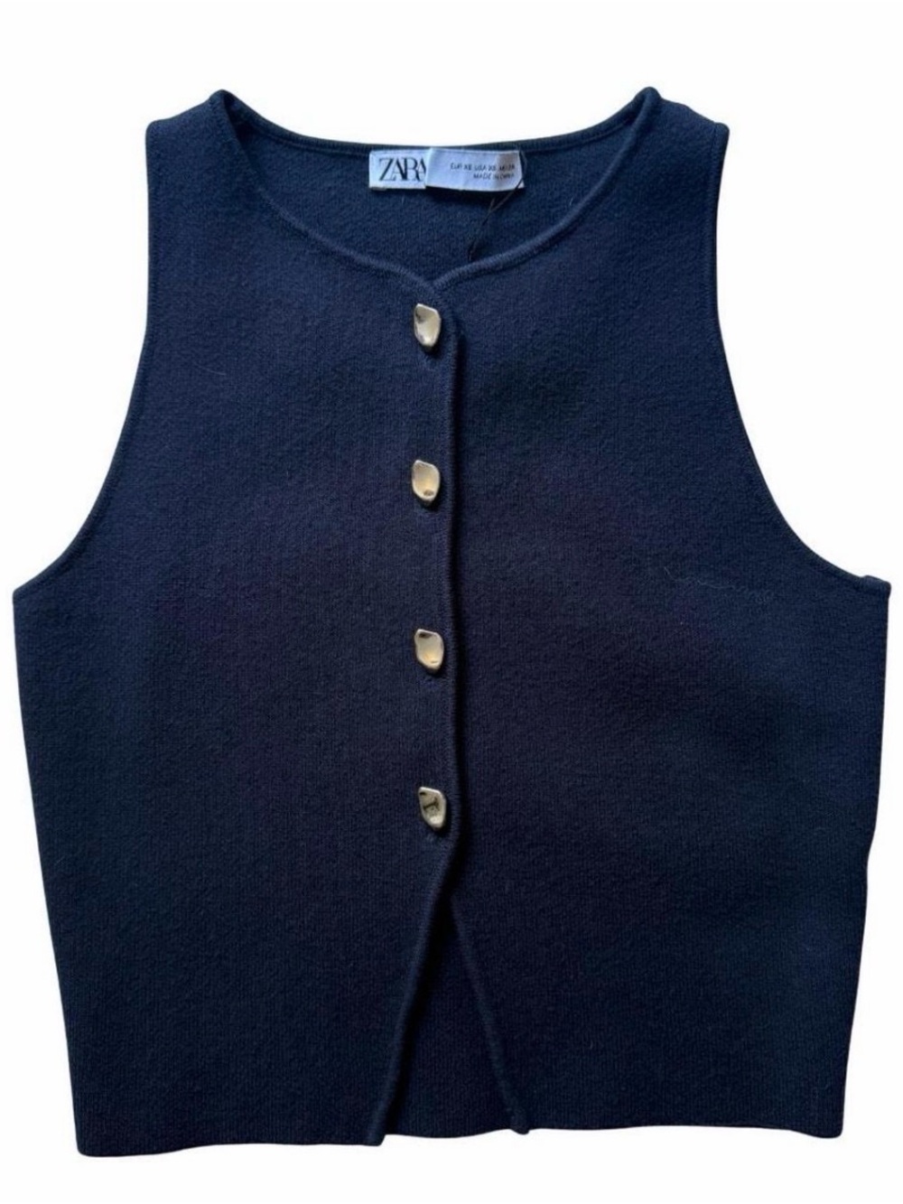 ZARA Navy Sleeveless Knit Shell with Gold Buttons